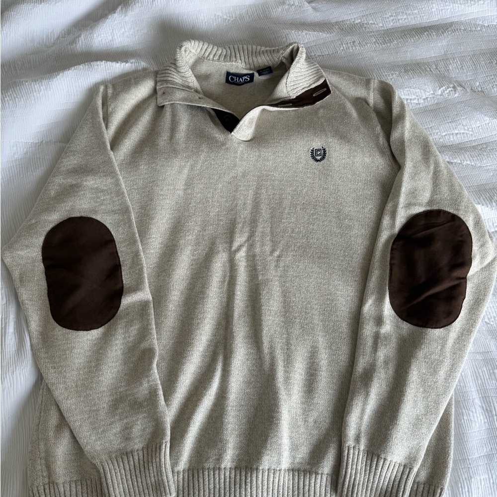 Men’s Chaps Cream V-Neck Sweater with Brown Elbow Patches